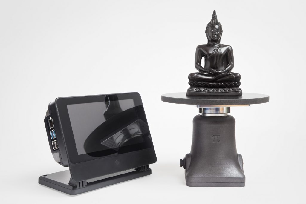 TablePi2 automated photogrammetry system with computer module and turntable module, a statue of Buddha is placed on the scanning surface